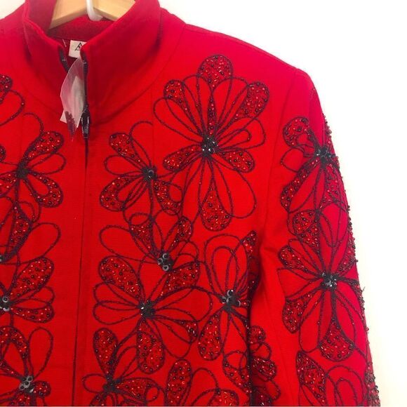 ANAGE Red Black Bead Embroidered Floral Design Holiday Statement Jacket NEW - Picture 4 of 16